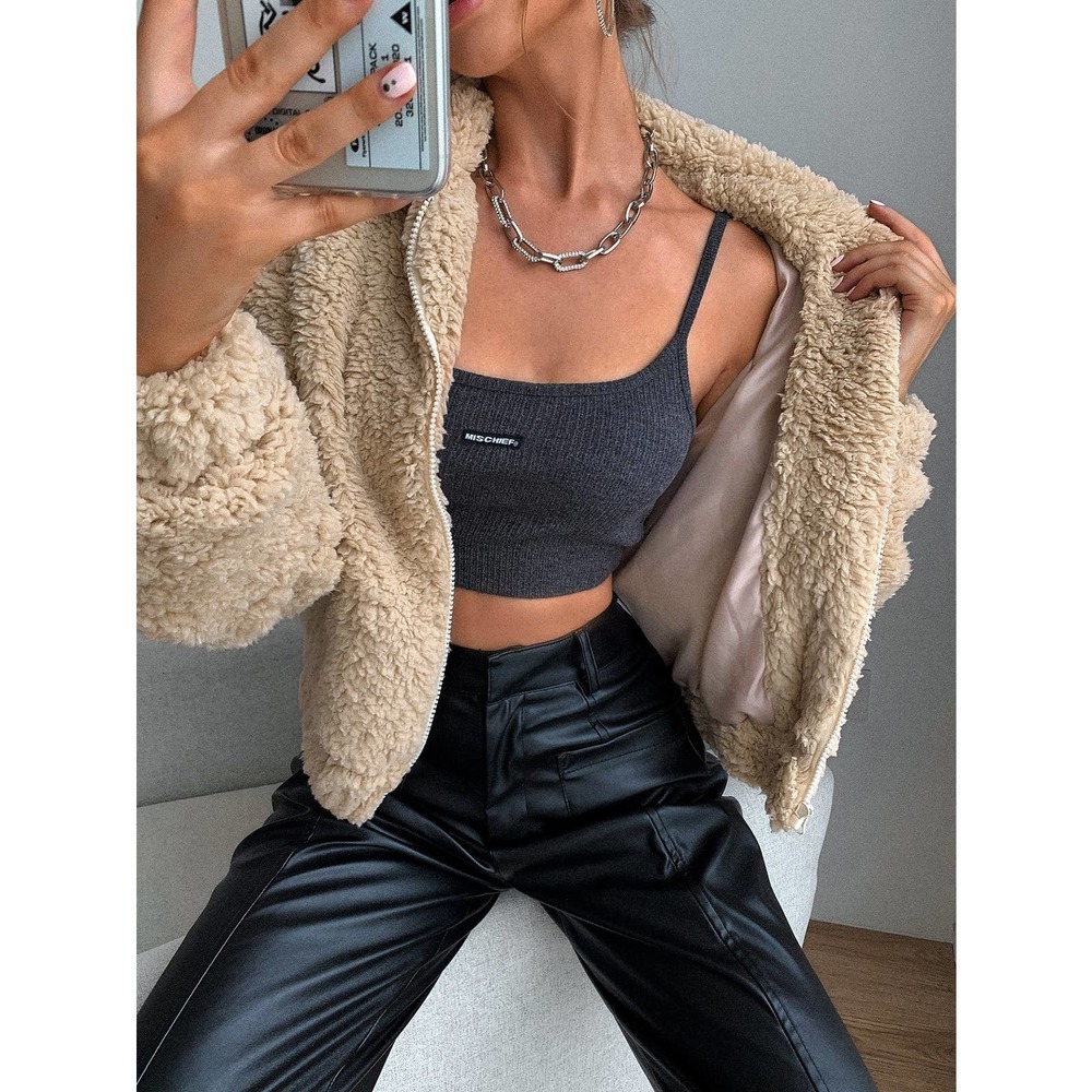 Zip Up Drop Shoulder Fleece faux fur fuzzy teddy Jacket tan camel - Picture 4 of 9